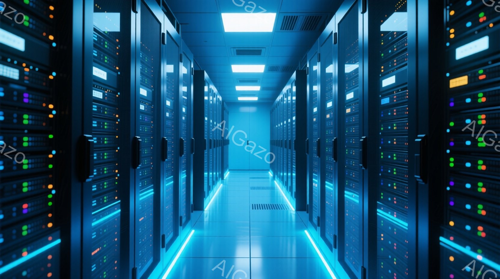 無数のサーバーラックが整然と並んだデータセンター内部を捉えた写真です。青い光が通路全体を照らし、ラックの点滅するLEDライトと相まって、近未来的な雰囲気を醸し出しています。通路は長く伸びており、その先 - AI生成フリー素材