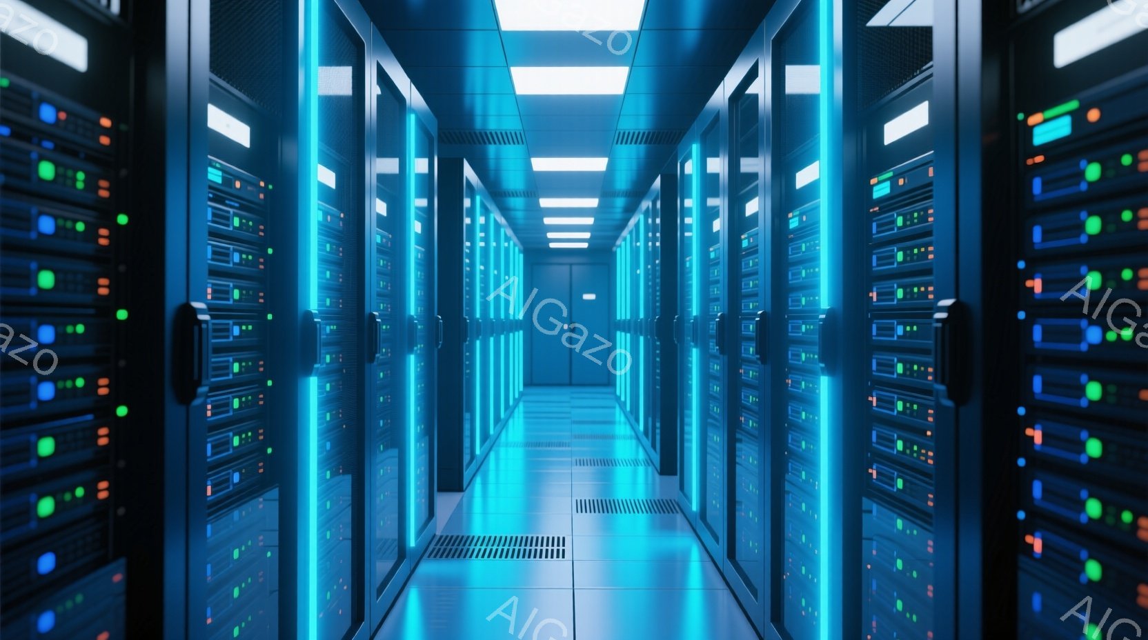 無数のサーバーラックが整然と並んだ、青い光が印象的なデータセンター内部の様子が描かれています。ラックには赤や緑のLEDライトが点灯しており、未来的な雰囲気を醸し出しています。床は反射しており、天井の照 - AI生成フリー素材