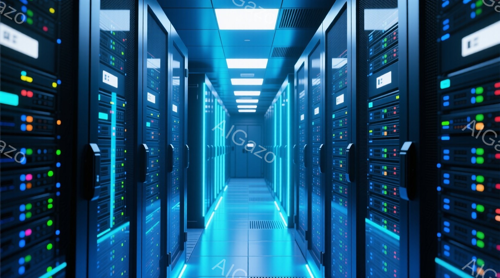 サーバーラックが両側に並ぶ、青い光に満ちたデータセンター内の廊下です。ラックには様々な色のライトが点灯しており、薄暗い廊下に未来的な雰囲気を作り出しています。床は光沢のあるタイルで覆われ、天井には配管や照明器具が確認できます。