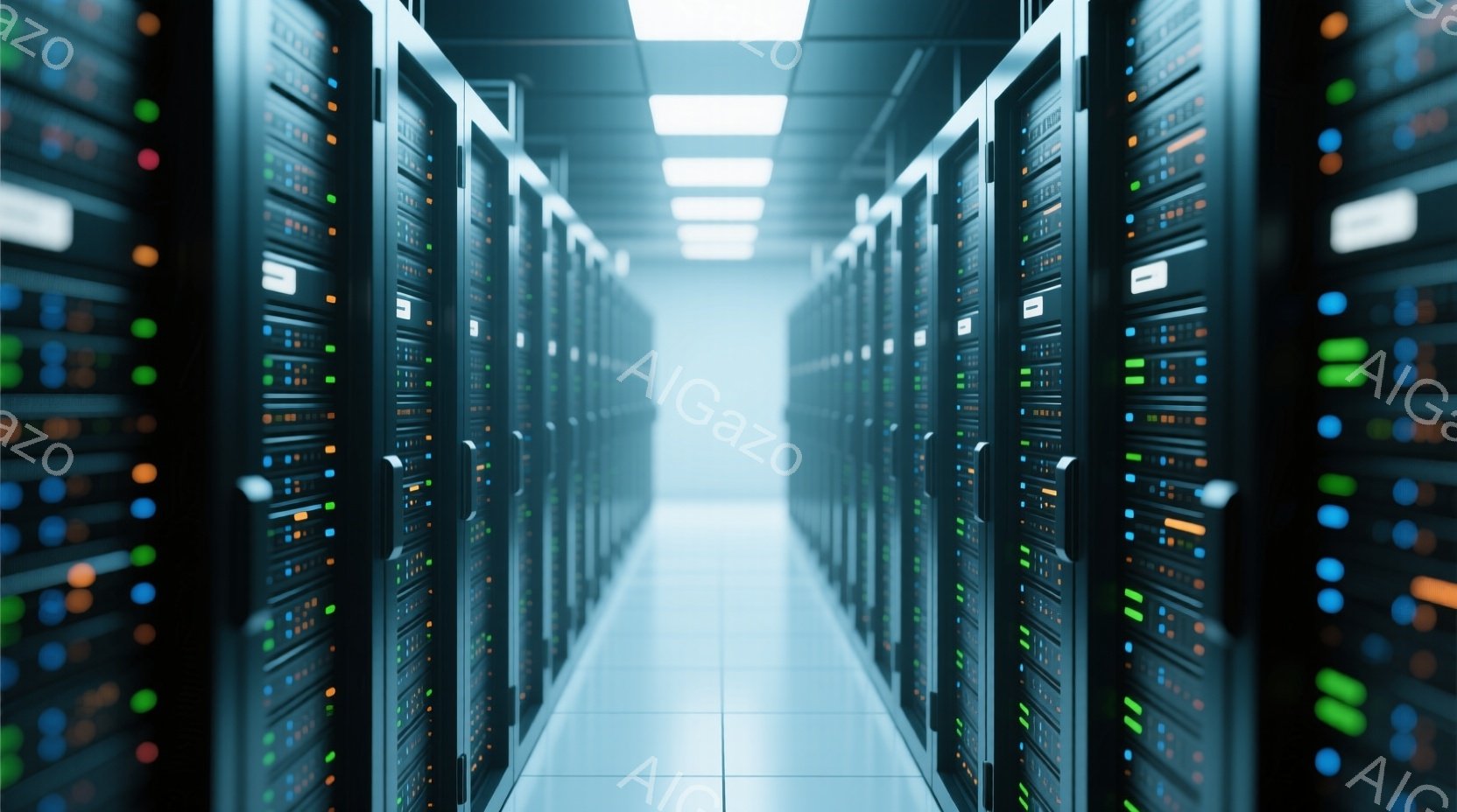 無数のサーバーラックが整然と並んだ、データセンター内の様子が捉えられています。各ラックには様々な色のLEDライトが点灯しており、まるで無数の目がこちらを見ているかのようです。明るい蛍光灯に照らされた通路は、未来的な雰囲気を醸し出しています。