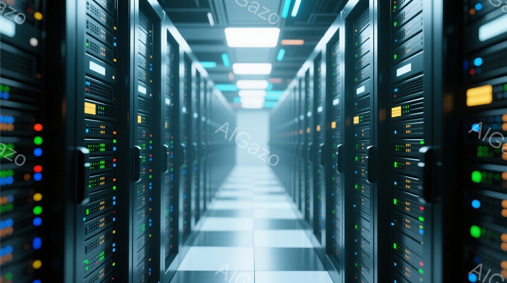 無数のサーバーラックが整然と並んだ廊下の画像です。各ラックには様々な色のLEDライトが点灯しており、未来的な雰囲気を醸し出しています。床は白いタイルで覆われており、天井には蛍光灯が設置され、無機質でク - AI生成フリー素材