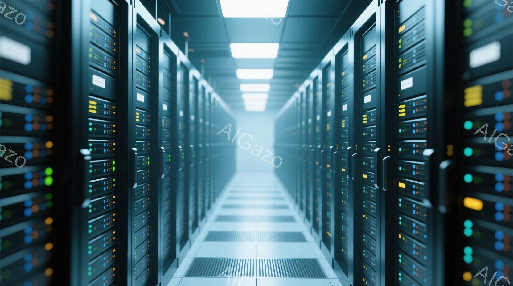 無数のサーバーが整然と並んだ、長い廊下の様子が描かれています。各サーバーには緑やオレンジ色の小さなライトが点滅し、部屋全体が薄暗く、技術的な雰囲気を醸し出しています。床は光沢のあるタイルで、遠近法によ - AI生成フリー素材
