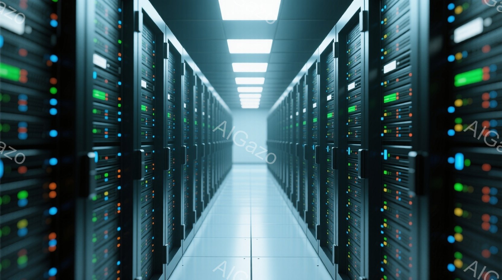 無数のサーバーラックが両側に見える、長い廊下のような空間です。各ラックには様々な色のLEDライトが点灯しており、内部の稼働状況を示しています。床は白く清潔で、天井からの光が反射し、未来的な雰囲気を醸し - AI生成フリー素材