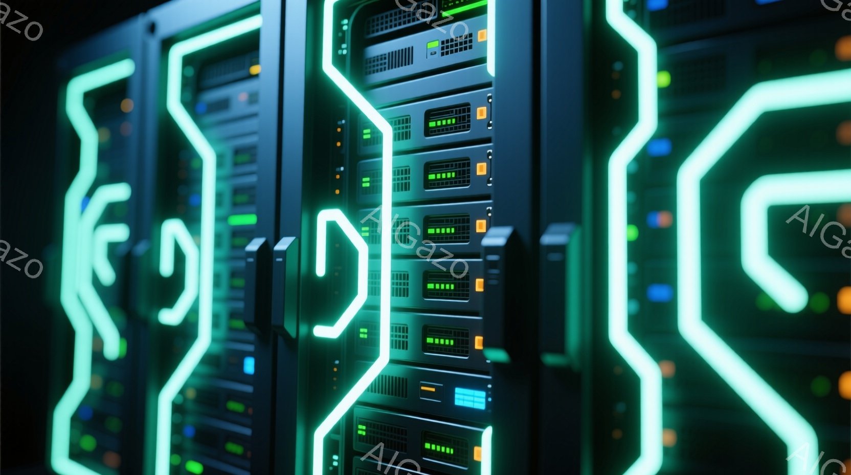 この画像は、サーバーラックが並んだ様子を捉えています。ラックは黒を基調とし、多数のLEDライトが緑色やオレンジ色に点灯しており、技術的な雰囲気を醸し出しています。光のラインがラックの周囲を走り、未来的な印象を与えます。