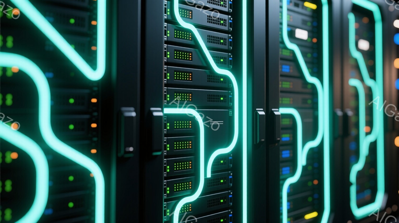 この画像は、サーバーラックの密集した列を捉えたもので、鮮やかな緑色の光が回路パターンを描き、技術的な未来的な雰囲気を醸し出しています。ラック自体は黒色で、多数の小さな緑色のランプが点灯しており、動作していることを示唆しています。全体として、この画像はデータセンターや高度なコンピューティング環境を彷彿とさせ、パワフルかつ複雑なシステムを表現しています。