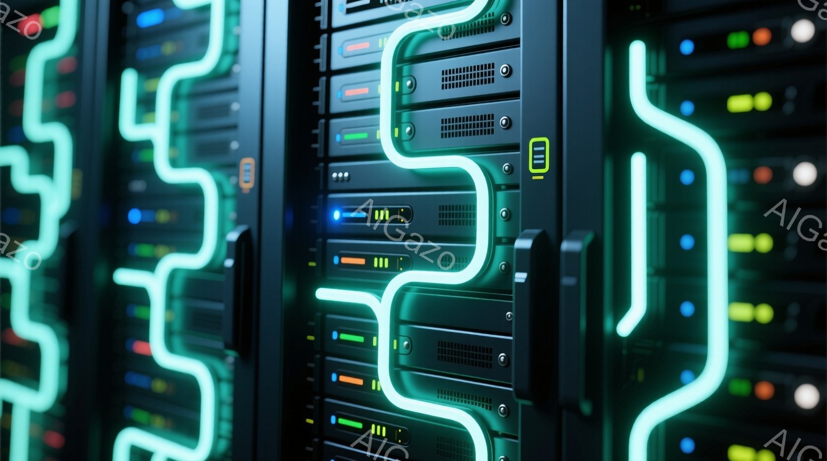 この画像は、データセンターのサーバーラックのクローズアップです。ラックは黒を基調とし、様々な色のLEDライトが点灯しており、緑色の光るラインが縦に走り、未来的な雰囲気を醸し出しています。サーバーの表面には多数の小さな通気口が見られ、高性能なコンピューティング環境を示唆しています。