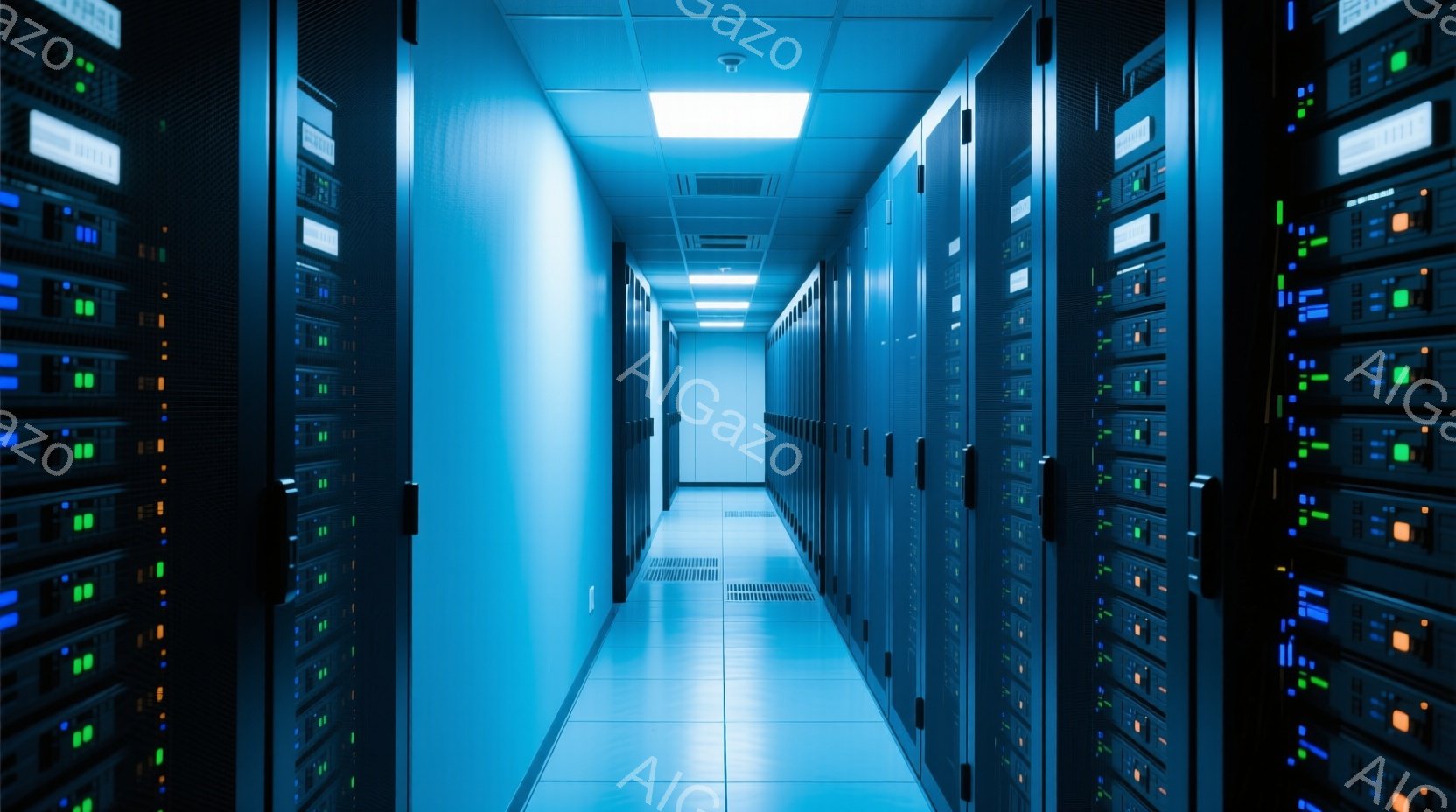 サーバーラックが両側に並び、青い光で照らされたデータセンター内の廊下の画像です。ラックには多数の点滅する緑色のライトがあり、高い技術と冷却システムの存在を示唆しています。廊下は奥行きがあり、未来的な雰囲気と厳格なセキュリティの印象を与えます。