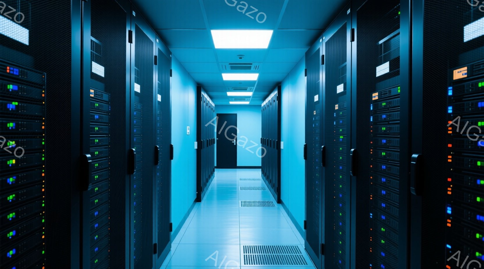 この画像は、サーバーラックが両側に並ぶ、長い廊下を描写しています。青色の照明が廊下全体を照らし、ラックの各サーバーには緑、赤、黄色の小さなライトが点滅しています。床は光沢のあるタイルで、天井には蛍光灯があり、全体的に冷たく、テクノロジーが詰まった雰囲気が漂っています。