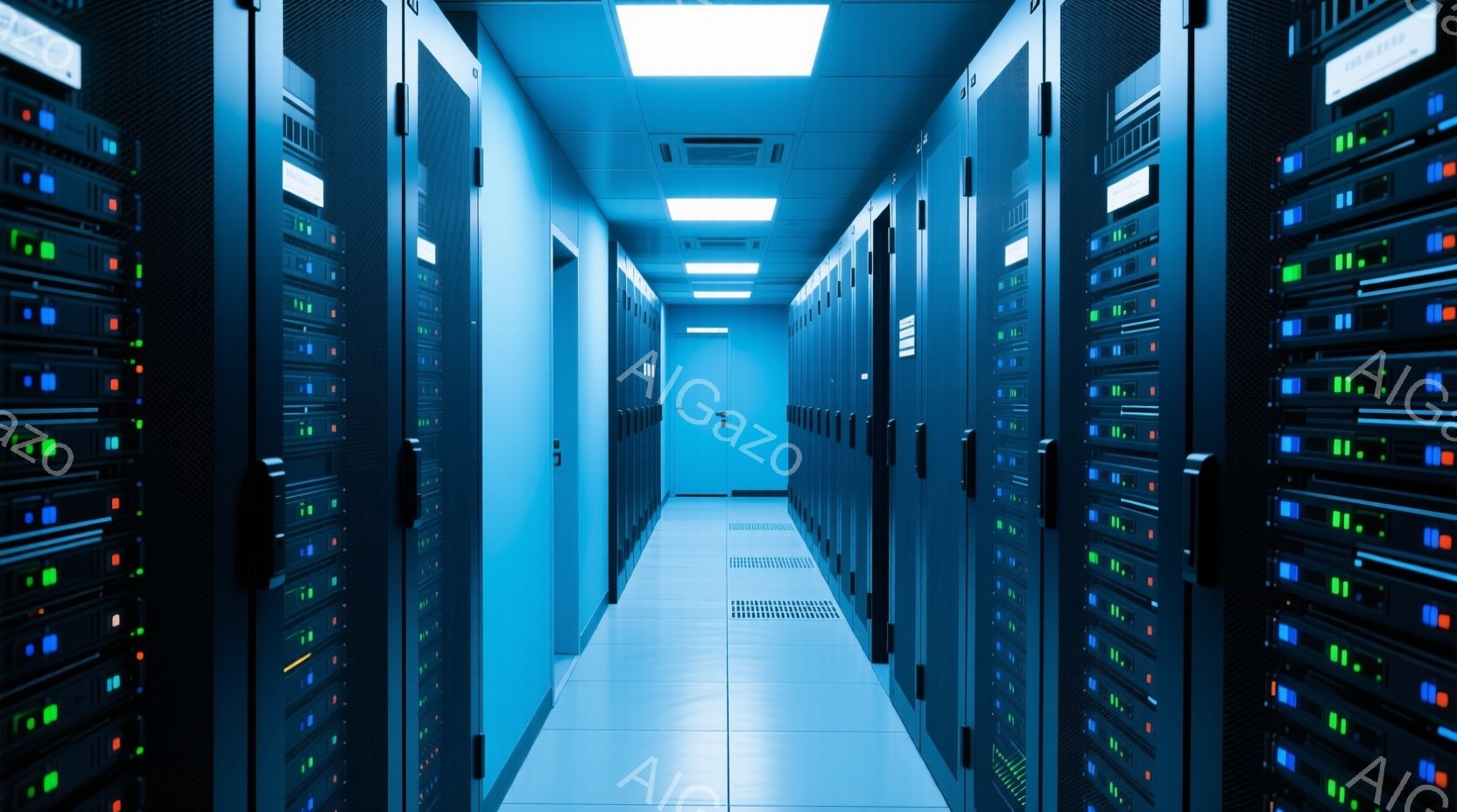 この画像は、青色の光で照らされたサーバー室の廊下の様子を描写しています。左右に整然と並んだサーバーラックには、様々な色のLEDライトが点灯しており、技術的な印象を与えます。廊下の床は磨かれて光っており、清潔で近代的な雰囲気を醸し出しています。