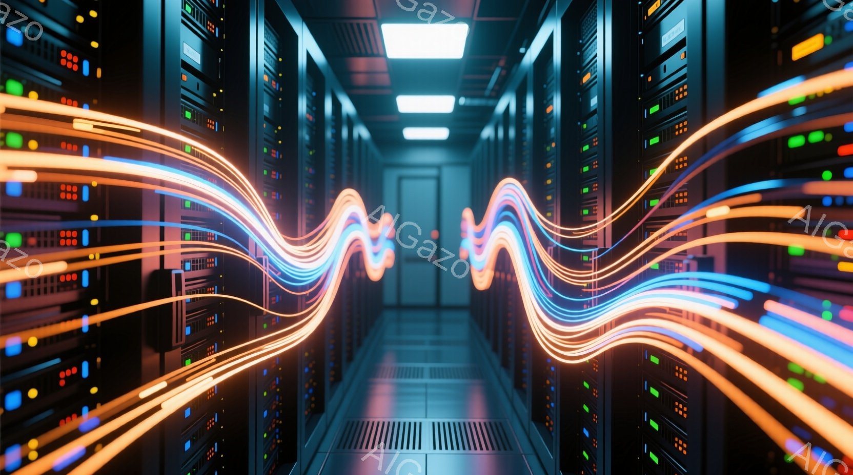 サーバーラックが左右に無限に続く廊下の画像です。ラックには様々な色のLEDライトが点滅しており、床にはケーブルが走り、未来的な雰囲気を醸し出しています。明るい光が通路全体を照らし、高速データ転送を連想させる、躍動感のあるエネルギーが感じられます。