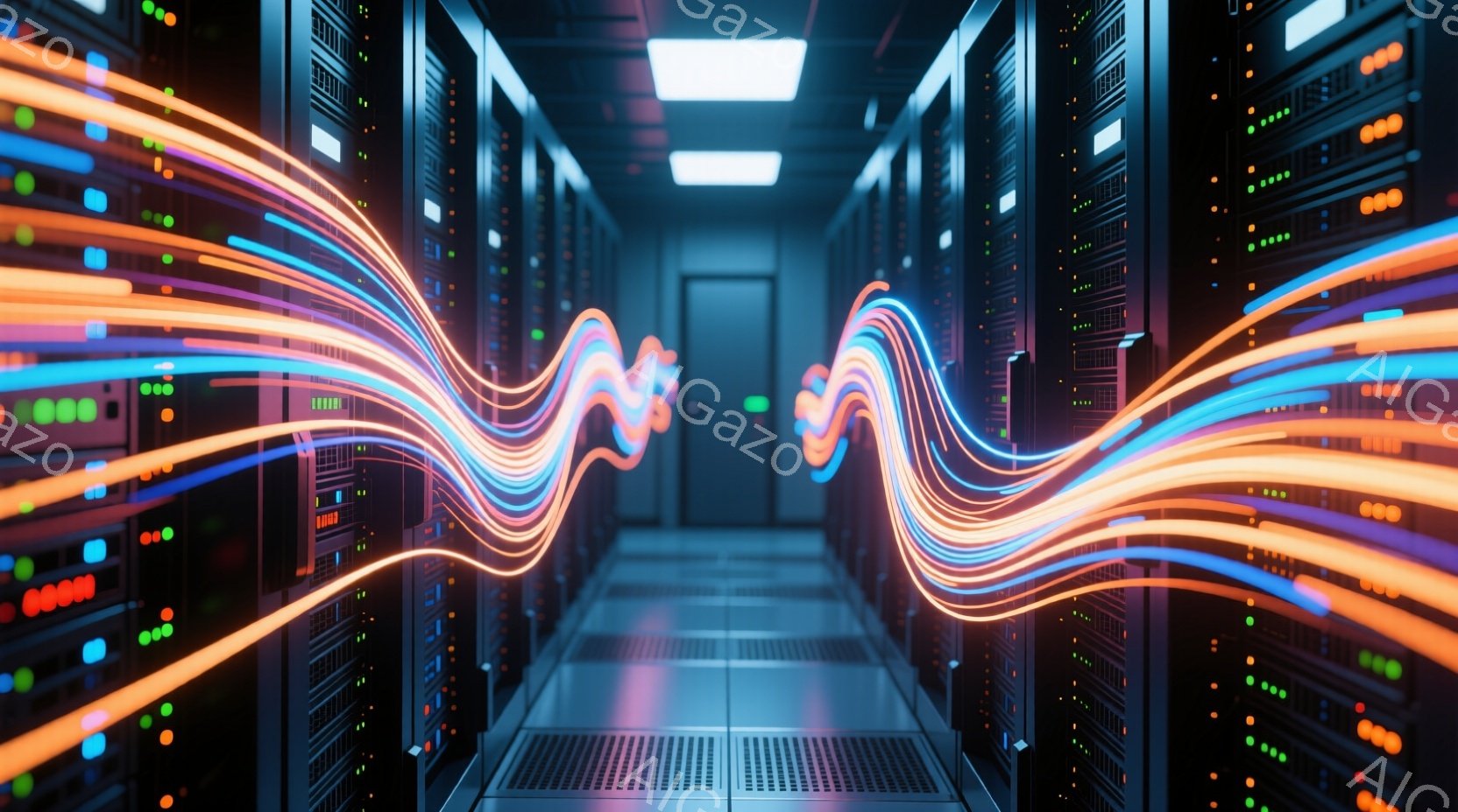 この画像は、サーバーラックが左右に並んだデータセンターの廊下を捉えています。明るいオレンジ、青、緑の光の帯が廊下の中心を蛇行し、エネルギーの流れまたはデータ伝送を象徴しています。ラックには様々なインジケーターライトが点滅しており、全体の雰囲気は技術的で未来的な印象を与えます。