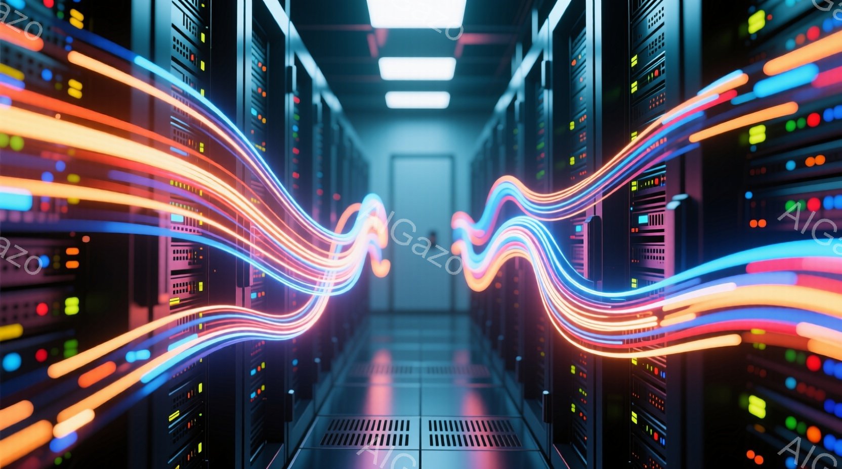 この画像は、サーバーラックが整然と並ぶデータセンターの廊下を捉えています。鮮やかなネオンカラーの光線が廊下の中心を蛇行し、まるでデータストリームのように見えます。ラックには多数の点灯したインジケーター - AI生成フリー素材