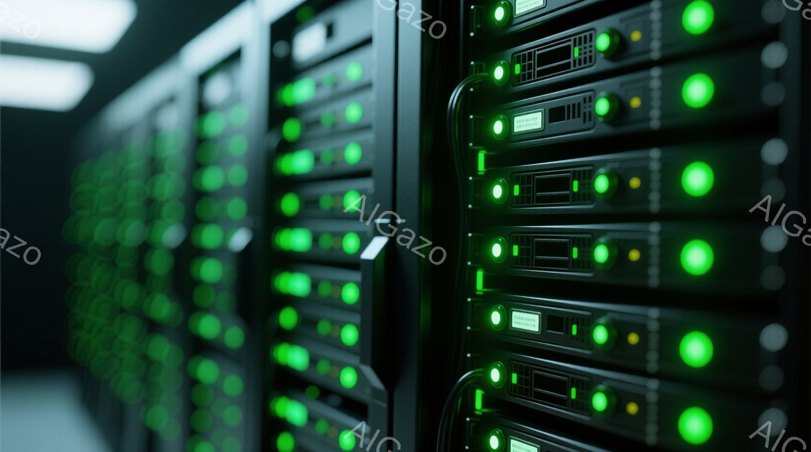 この画像は、サーバーラックの密集した列を捉えており、緑色のインジケーターランプが点灯しています。ラックは黒色で、整然と並べられており、データセンターまたは同様の技術的な環境を示唆しています。全体的に、 - AI生成フリー素材