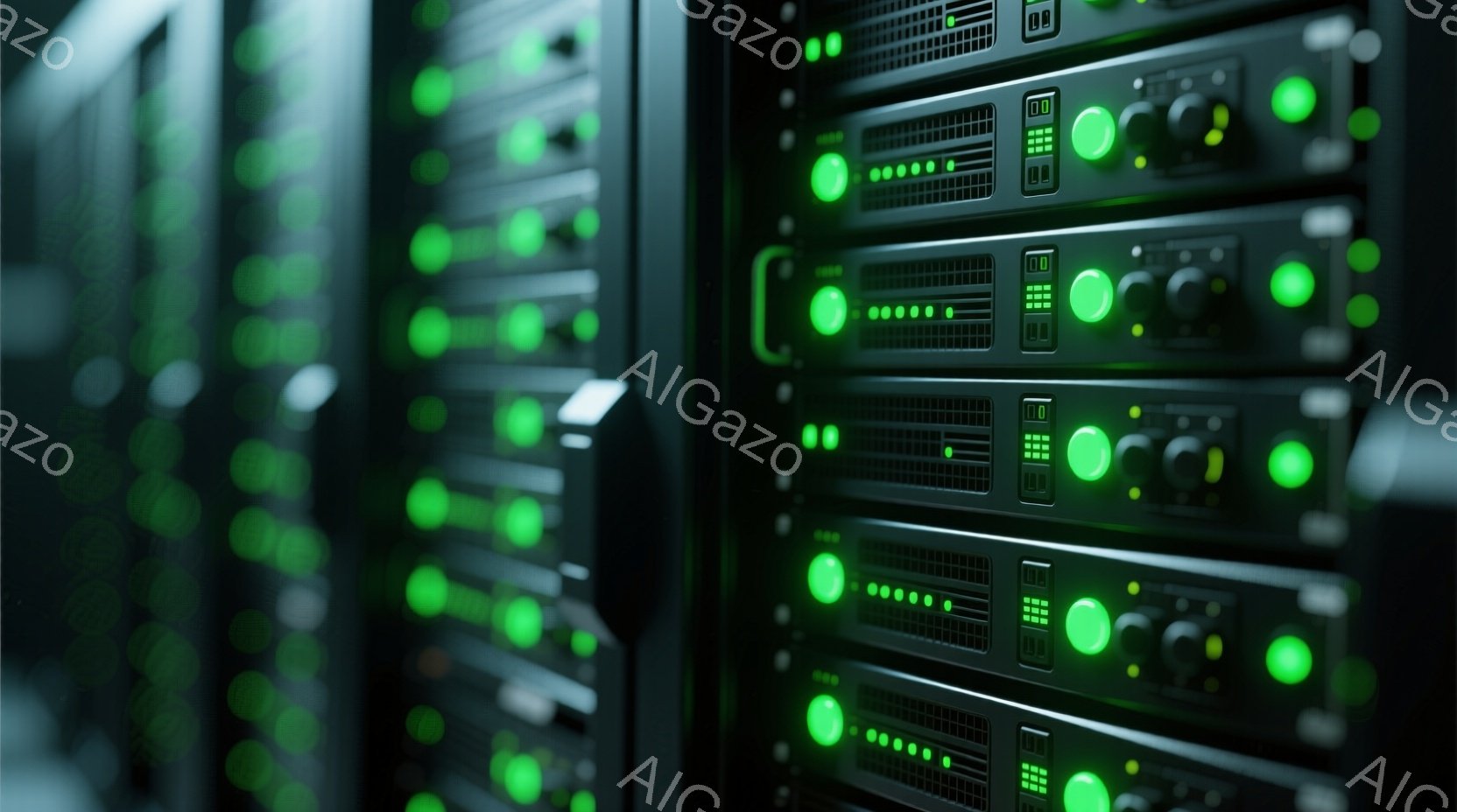 画像は、黒色のサーバーラックが縦に並んだ様子を捉えています。各ラックには緑色の小さなランプが多数点灯しており、稼働していることを示唆しています。暗い背景と緑色の光のコントラストが、技術的な雰囲気と電力供給のイメージを強調しています。