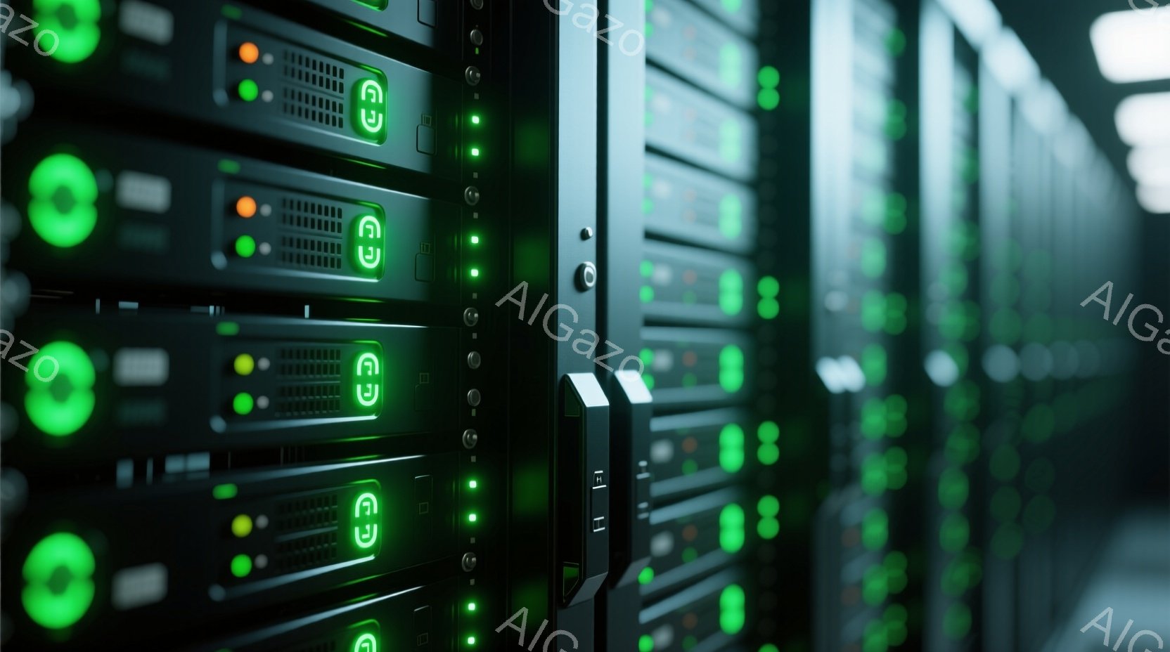サーバーラックが縦に並んだデータセンター内部の様子が写っている。各ラックには緑色のインジケーターライトが点灯しており、稼働していることを示している。暗い背景と鮮やかな緑色のコントラストが、高度な技術とエネルギーを感じさせる雰囲気を作り出している。