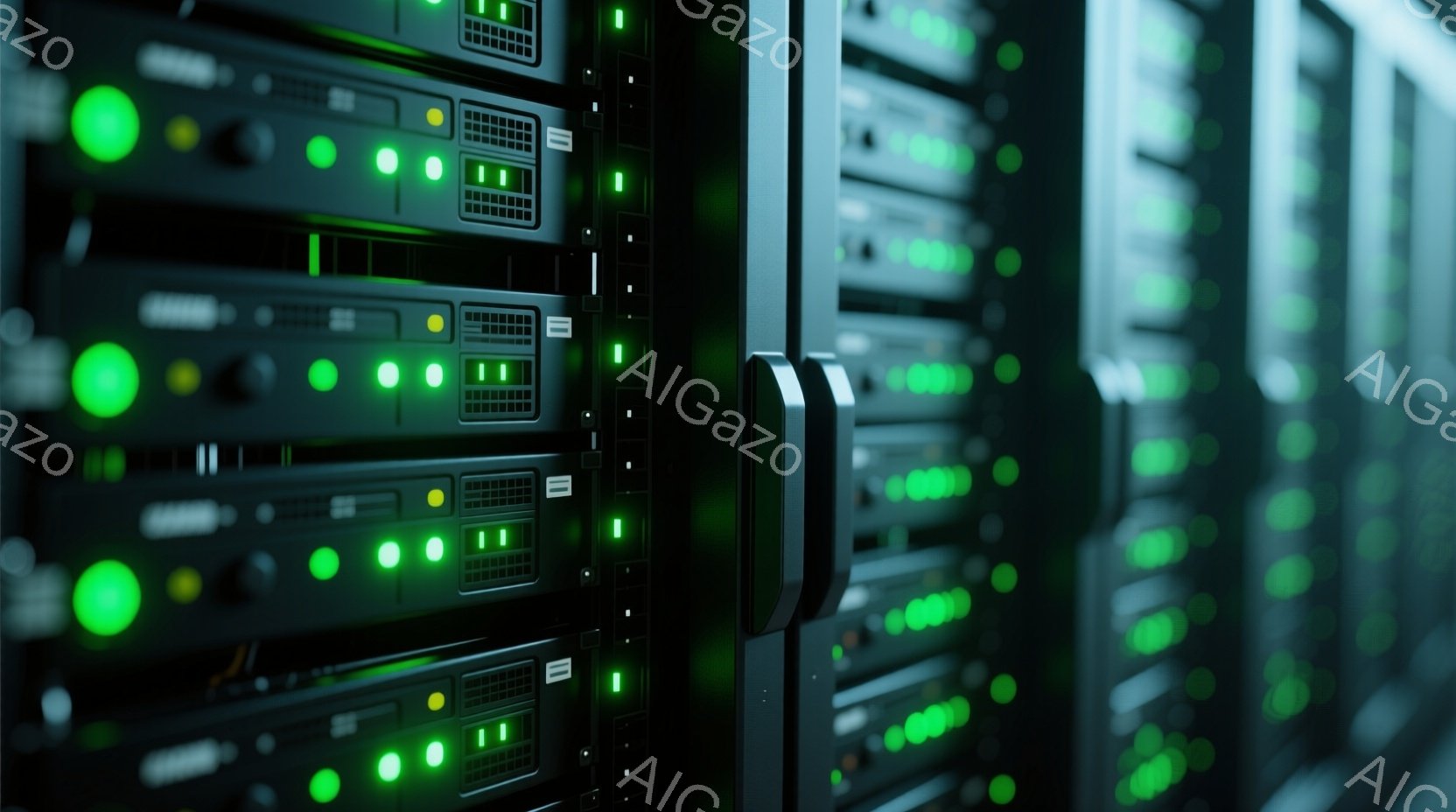 この画像は、緑色のライトが点灯しているサーバーラックの密集した列を示しています。ラックは黒色で、それぞれのユニットに多数のインジケーターライトがあり、データの処理や稼働状況を示しているようです。全体的に、画像はデータセンターやサーバー室の内部を連想させ、高科技で近代的な雰囲気を醸し出しています。