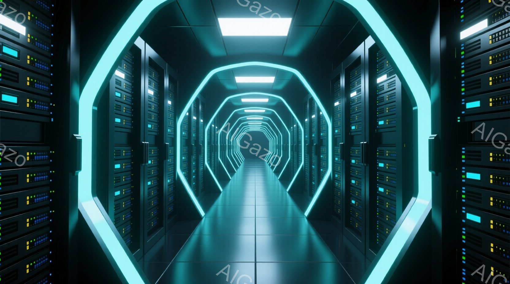 この画像は、両側にサーバーラックが並ぶ、未来的なトンネルのような空間を描写しています。サーバーラックは青と緑の光で点滅し、明るい白熱灯が天井から光を放っています。全体の雰囲気は、テクノロジーと未来感に満ちており、無限に続くデジタル空間を思わせます。