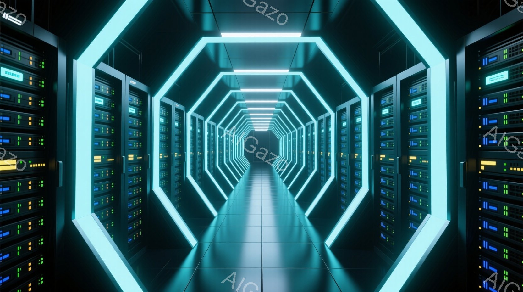 無数のサーバーラックが両側に並び、未来的なトンネルのような空間が広がっている。青と緑の光がサーバーラックから発せられ、暗闇の中で幻想的な雰囲気を醸し出している。床は光沢のある黒で、反射が空間をさらに強 - AI生成フリー素材