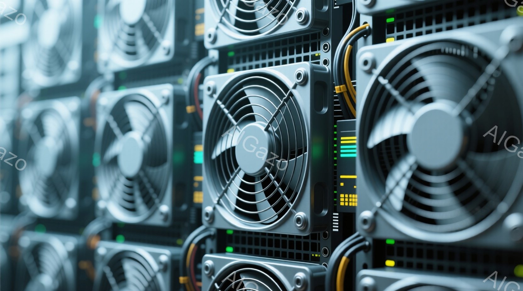 画像は、サーバーラックの側面を捉えており、複数のコンピューターのファンが密集して並んでいます。ファンは金属製のグレーの筐体に組み込まれており、前面には特徴的な回転ブレードが見られます。ラックには複数のケーブルが接続されており、小型の緑色と黄色のインジケーターライトが点灯しており、機器が動作していることを示しています。