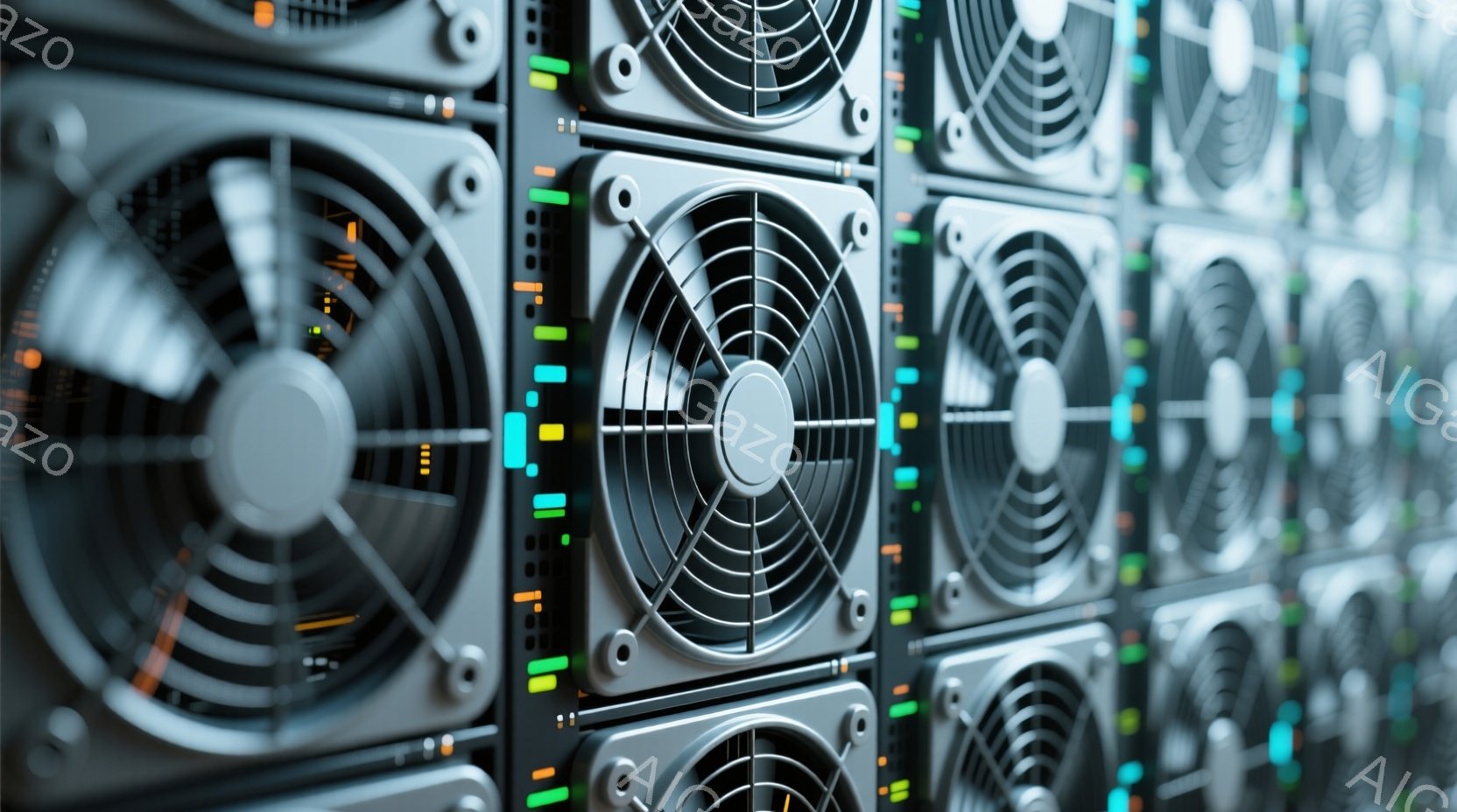 この画像は、サーバーラックの密集した列を示しています。各サーバーユニットは、冷却ファンとさまざまなステータスを示す緑、オレンジ、および黄色のLEDライトを備えています。全体的に、画像はデータセンターやサーバーファームの工業的な、高技術的な雰囲気を示しています。