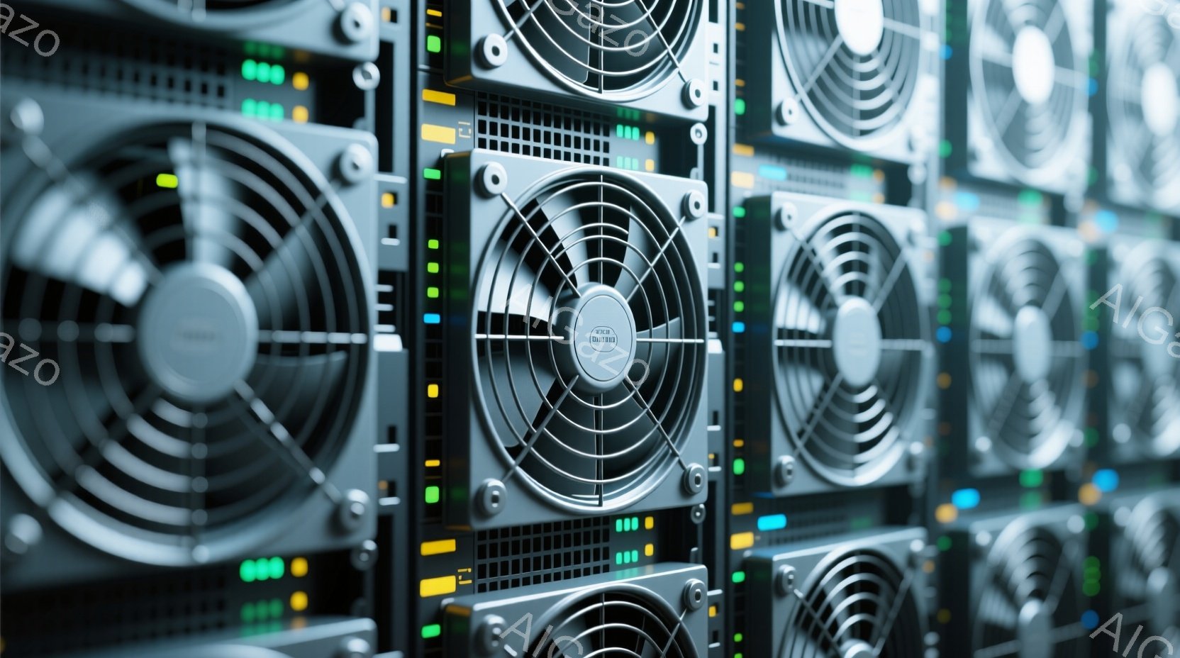 この画像は、サーバーラックの密集した背面図であり、多数の冷却ファンが並んでいます。ファンは黒色で、中心に銀色のロゴが入っており、緑と黄色のLEDライトが点灯しています。背景は暗く、ラックの整然とした配置が強調され、データセンターやサーバー室の雰囲気を醸し出しています。