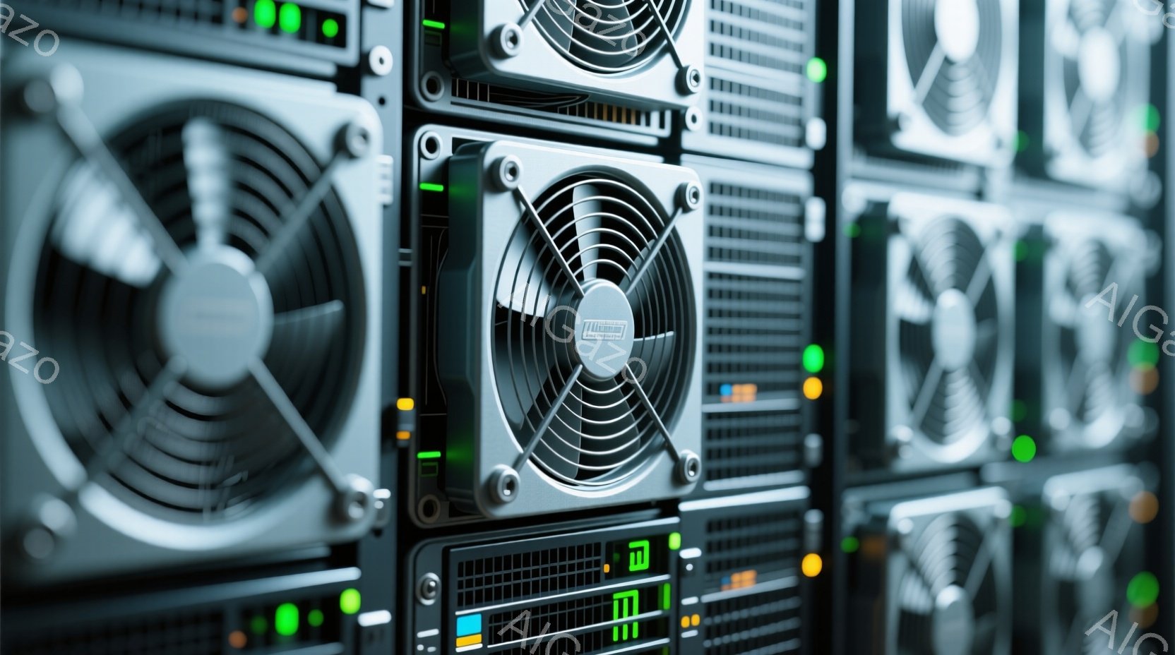 この画像は、サーバーラックの密な並びを捉えており、各ユニットには冷却ファンと点灯したインジケーターライトが付いています。金属製の筐体は規則的なパターンで積み重ねられ、技術的なインフラストラクチャの効率性と組織化された性質を強調しています。全体的な雰囲気は、精密さと信頼性を重視した産業環境を示唆しています。