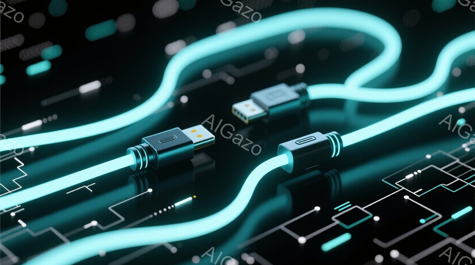 画像は、暗い背景に浮かぶ、ねじれたUSBケーブルと電子回路の線を描写しています。ケーブルは蛍光ブルーまたはシアン色で光り、複雑な回路パターンがケーブルの周囲に配置され、デジタル接続とテクノロジーのテーマを強調しています。全体的な雰囲気は、未来的で、洗練されており、テクノロジーの進歩とデータ転送を象徴しています。