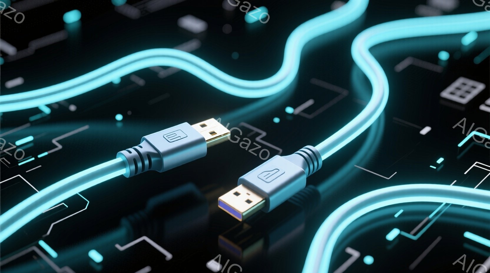画像は、青く光るUSBケーブルが、未来的な回路模様の背景に浮かび上がっています。ケーブルは灰色で、その表面には細かい溝が刻まれており、先端にはUSBコネクタが付いています。背景は、ネオンブルーの線で描かれた複雑なパターンで構成されており、技術的で先進的な雰囲気を醸し出しています。