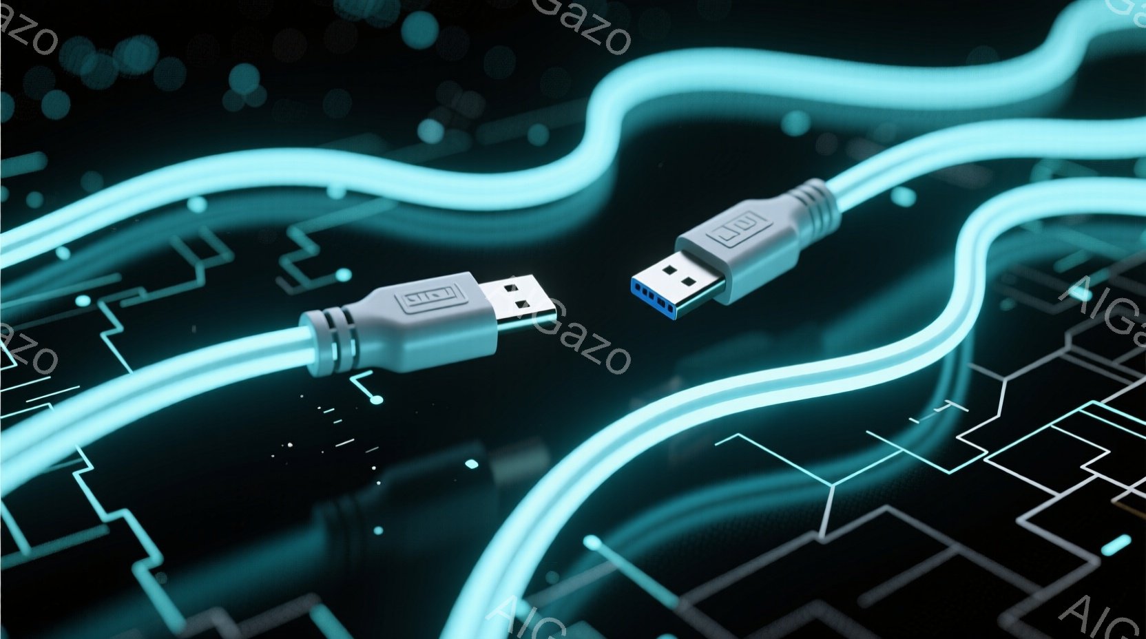 画像は、暗い背景に浮かぶUSBケーブルを捉えています。ケーブルは青色の発光線で縁取られ、複雑な回路図のような白い線が背景に描かれています。全体的に、テクノロジー、データ転送、未来的な雰囲気を醸し出しています。
