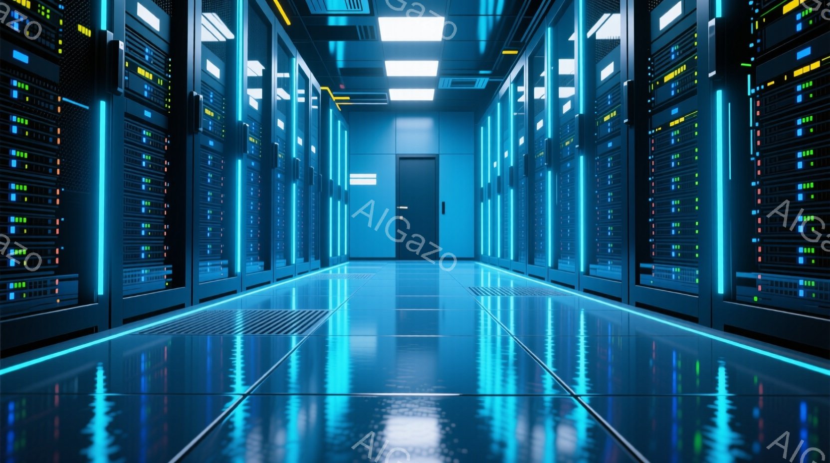巨大なデータセンター内部の様子が描かれている。青色のLEDライトが点灯したサーバーラックが両側に整然と並び、床面は光を反射して鏡のような輝きを放っている。全体的に冷たい印象であり、高度な技術と効率性を感じさせる空間である。