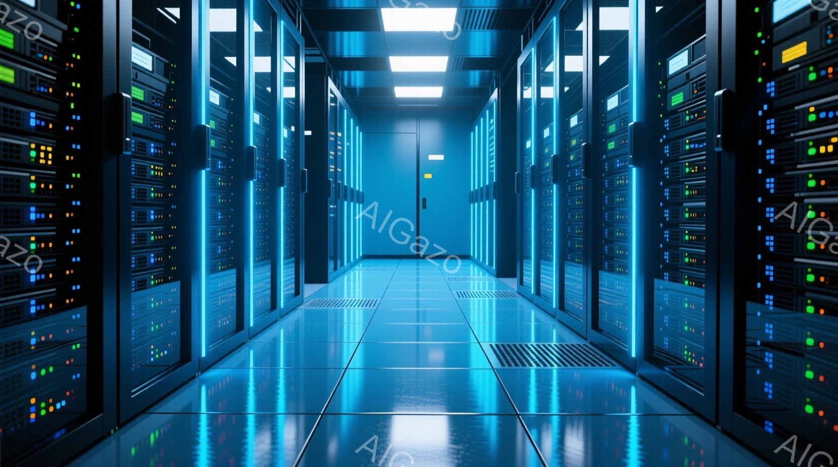 鮮やかな青色の光が広がるサーバー室が、左右に整然と並ぶラックで埋め尽くされています。ラックには無数のサーバーが収納され、それぞれのサーバーが小さな光を発しており、未来的な雰囲気を醸し出しています。床は鏡面仕上げで光を反射し、天井からの白い照明が全体を明るく照らしています。