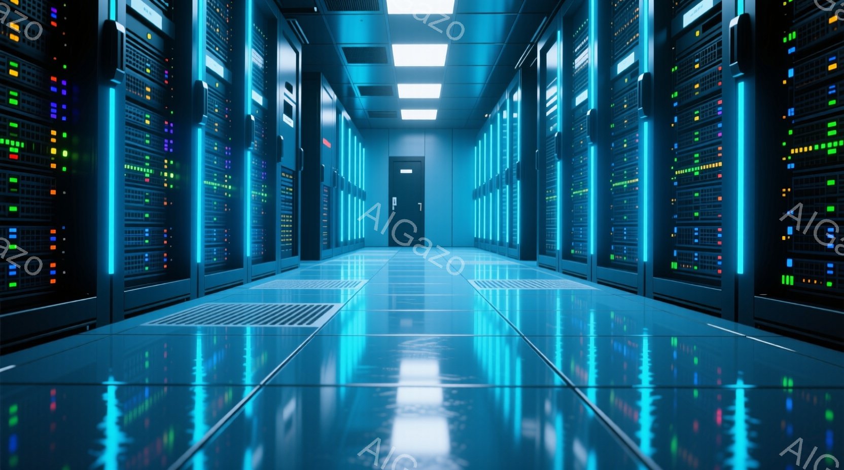 鮮やかな青色の光が照らすサーバー室が広がっており、天井からは白い蛍光灯が規則的に並んでいます。無数のサーバーラックが整然と並び、各ラックにはカラフルなLEDライトが点灯しており、未来的な雰囲気を醸し出 - AI生成フリー素材