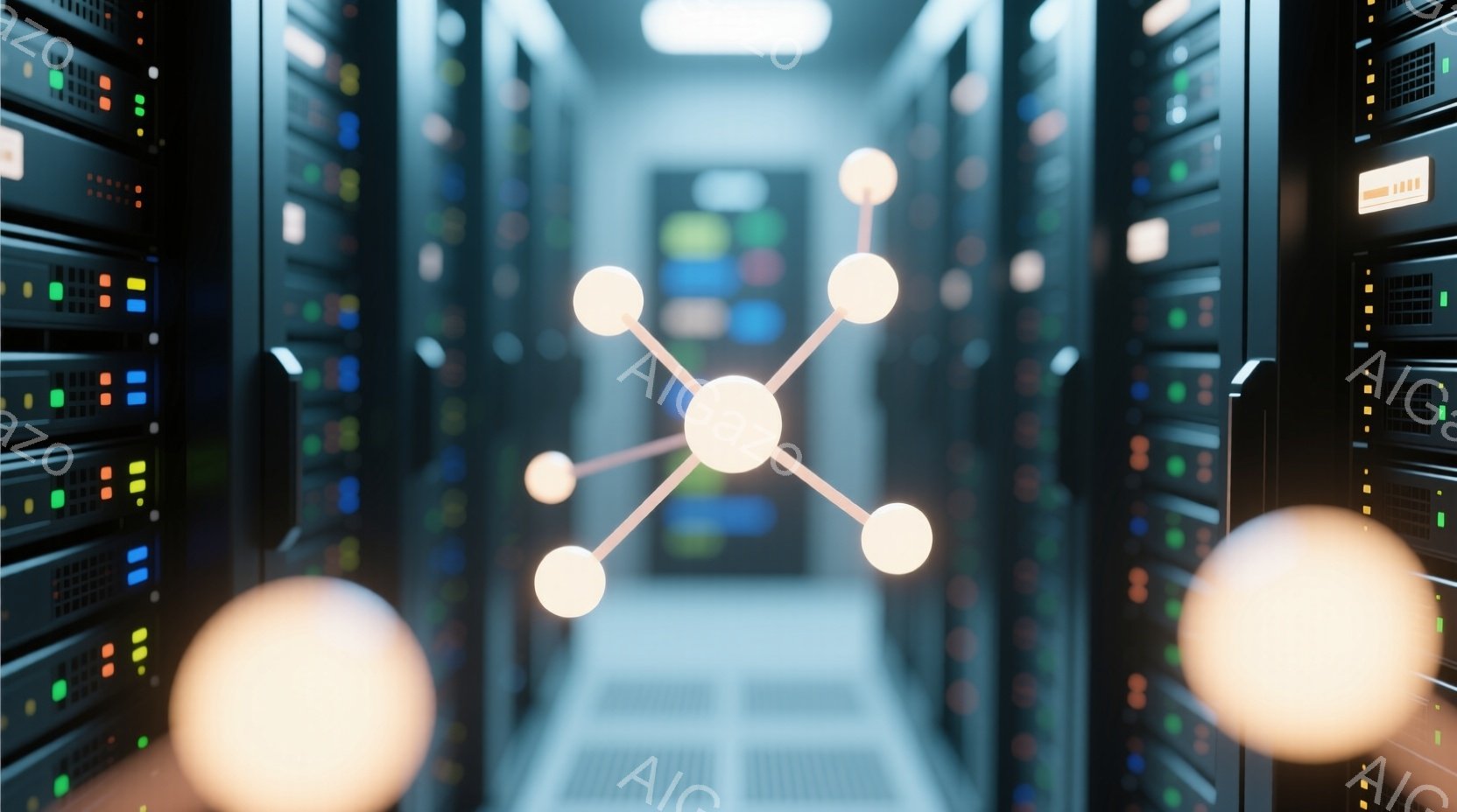 サーバーラックが両側に並んだ、暗いデータセンターの通路が写っている。通路の中央には、光る球体で接続されたネットワークノードを表すような、光の線で構成された抽象的なデザインが浮かび上がっている。明るい光 - AI生成フリー素材