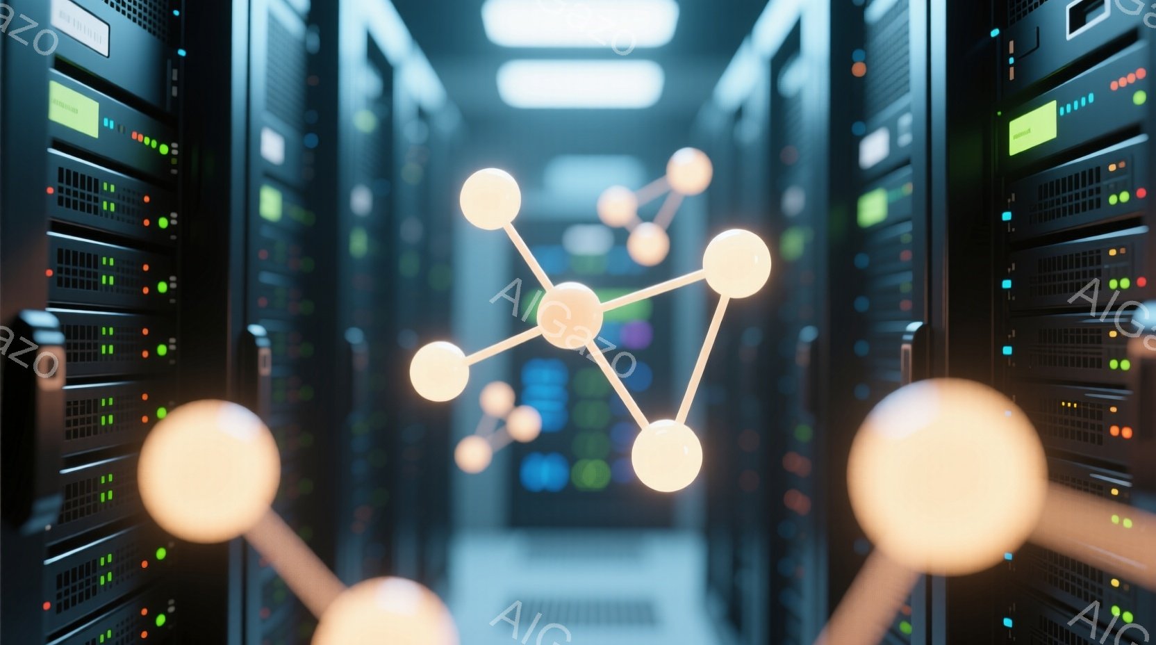 サーバーラックが縦に並び、暗い背景に青と緑の光が点滅しています。ラックの前に、光り輝く球体が線で繋がれたネットワークのような構造物がぼやけて配置されており、データの接続や情報流通を象徴しているようです - AI生成フリー素材