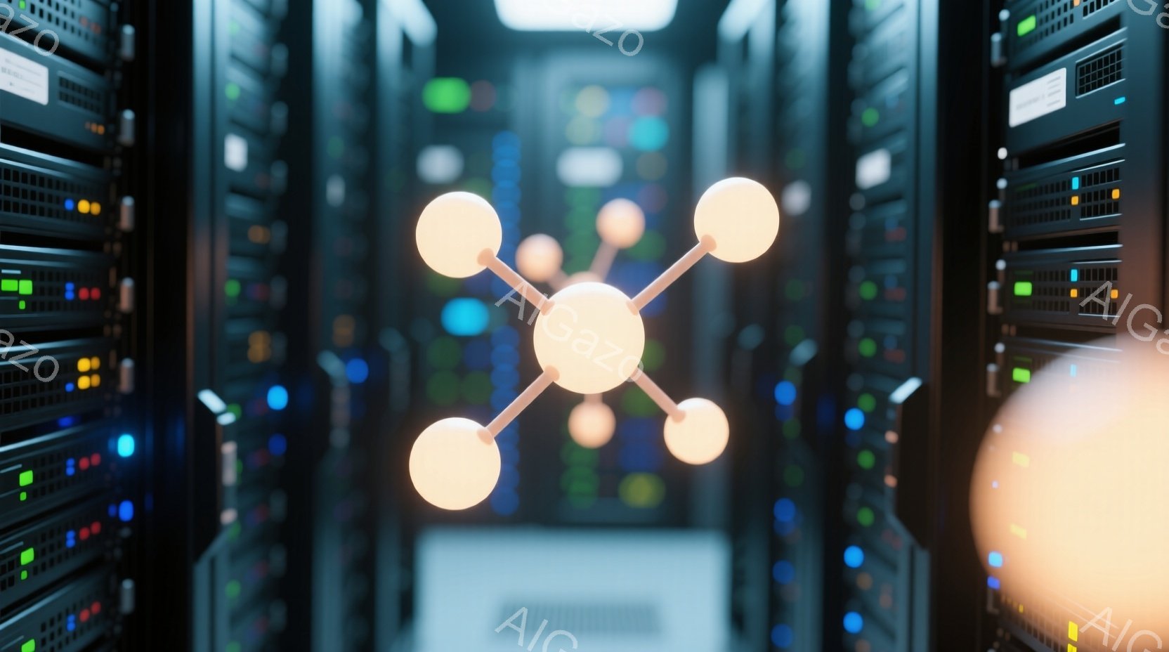 サーバーラックが整然と並び、青と緑の光が点滅しているデータセンター内が写っている。中央には、光る球体と線で構成されたネットワーク接続のような抽象的な図形が浮かび上がり、その明るい光が空間を照らしている。 全体的に、テクノロジー、接続性、そしてデータ処理の未来を想起させる、近未来的で洗練された雰囲気である。