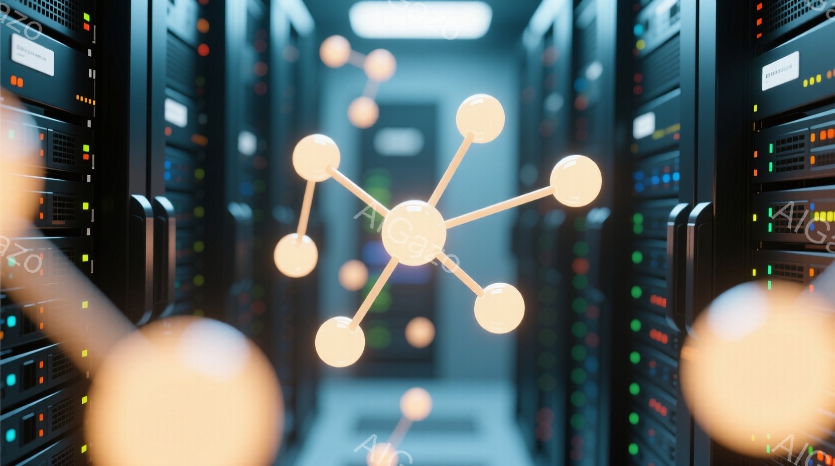 画像は、サーバーラックが両側に並ぶデータセンター内を捉えており、明るい光を放つ球体同士が接続されたネットワーク状の構造物が焦点となっています。サーバーラックは様々な色のLEDライトで点滅し、通路は薄い青色の床で照らされています。全体として、未来的な技術と接続性を強調する、鮮やかで抽象的な雰囲気です。