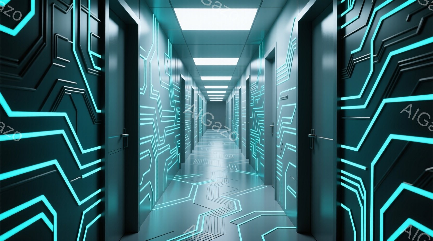 鮮やかなネオンブルーの回路模様が壁と床を覆い尽くした、未来的な廊下が描かれています。左右対称に配置されたドアが遠近法によって奥行きを強調し、廊下の奥へと続く光が印象的です。全体的にクールでテクノロジー - AI生成フリー素材