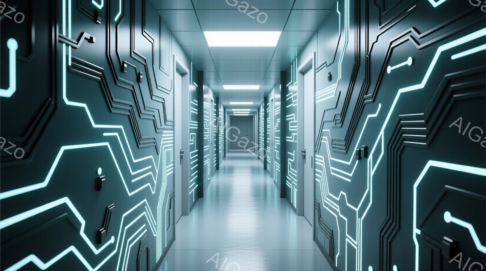 この画像は未来的な廊下の内部を示しており、壁には複雑な回路パターンが光る青色で描かれています。床は磨かれた金属製で、廊下は遠くまで伸びており、天井には明るい蛍光灯が設置されています。全体的に、清潔で無 - AI生成フリー素材