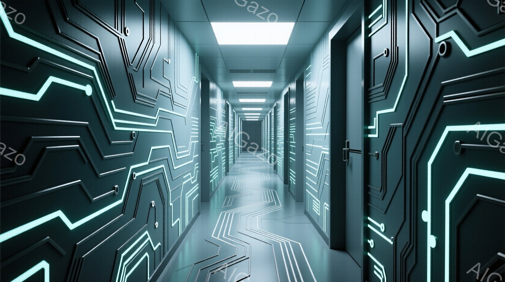 この画像は、明るい青色の発光回路が壁一面に刻まれた長い廊下を描いています。廊下は左右対称で、同じパターンが繰り返され、奥へと続く奥行きが強調されています。全体的に未来的な雰囲気で、クールでスタイリッシュな印象を与えます。