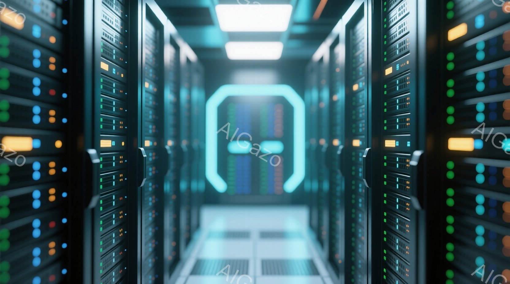 この画像は、青緑色の光が点滅するサーバーラックが両側に並んだ、細長い通路の内部を示しています。通路の中央には、光る青い枠があり、未来的な雰囲気を作り出しています。全体的に、技術的でクール、そして少し神秘的な雰囲気が漂っています。