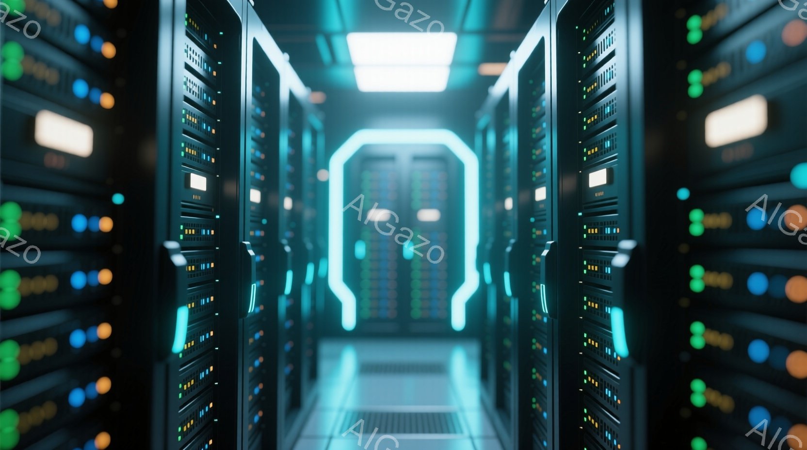 この画像は、青い光が強調されたサーバー室の廊下を捉えています。左右に整然と並んだサーバーラックが視線を奥へと誘い、未来的な雰囲気を醸し出しています。廊下の終わりには明るい光が差し込み、技術的な先進性と冷たい無機質さが混在した空間を作り出しています。