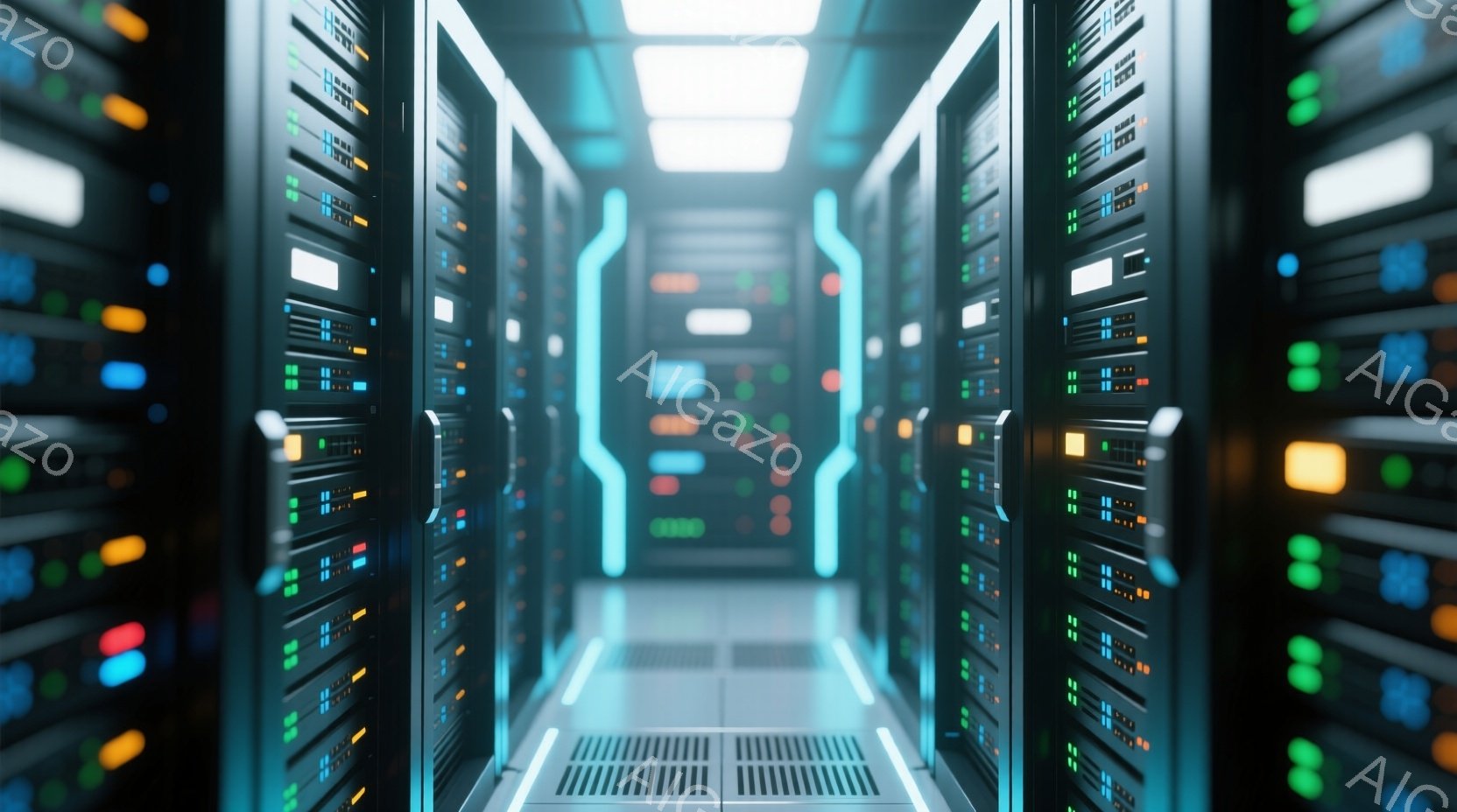 この画像は、青緑色の照明に照らされたサーバー室の通路を捉えています。両側には黒いサーバーラックが整然と並び、各ラックには様々な色のLEDライトが点滅しています。通路の床には金属製の通気口があり、未来的な雰囲気を醸し出しています。