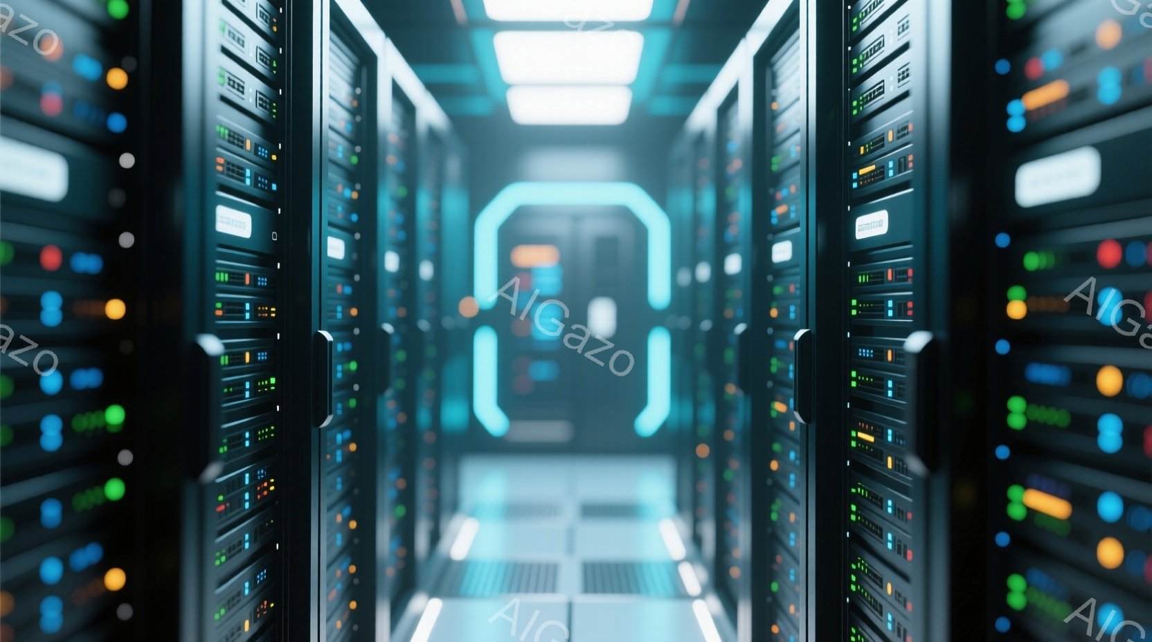 無数のサーバーラックが整然と並び、青と緑の光が点滅しているデータセンター内部の様子だ。通路は狭く、まるで未来的なトンネルのようであり、冷たい金属の匂いが想像される。全体的に、高密度で技術的な雰囲気を醸し出しており、データ処理の中心地であることがわかる。