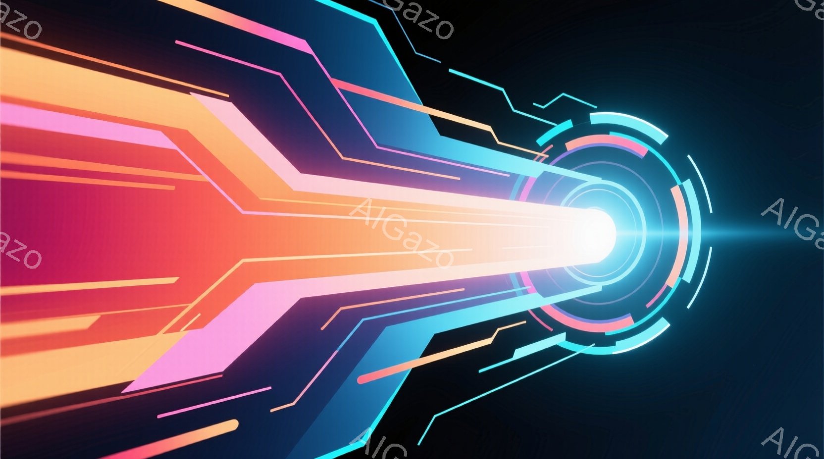 鮮やかなネオンカラーの光線が、暗い背景から放射状に広がっている抽象的なイメージです。光線は、まるで回路や電子的な信号の流れを想起させるような幾何学的な線で構成されており、中心に向かって収束するようなダ - AI生成フリー素材