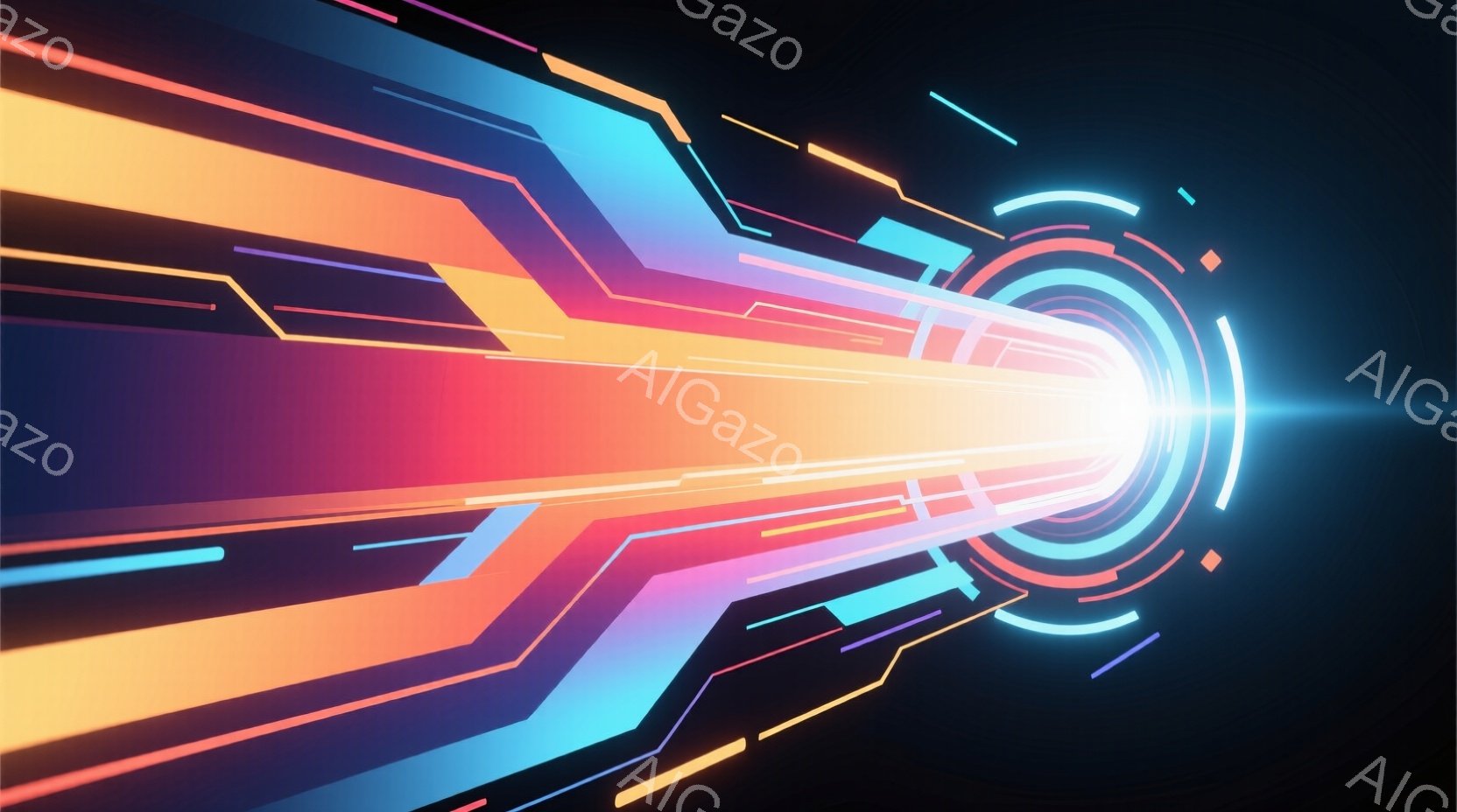 鮮やかなオレンジと青の色調が、未来的なトンネルを表現している。幾何学的な線と光の帯が速度感を強調し、中心部に向かって収束する様子は、エネルギーの流れやワープ空間を連想させる。黒い背景が色のコントラストを際立たせ、強烈な没入感を生み出している。