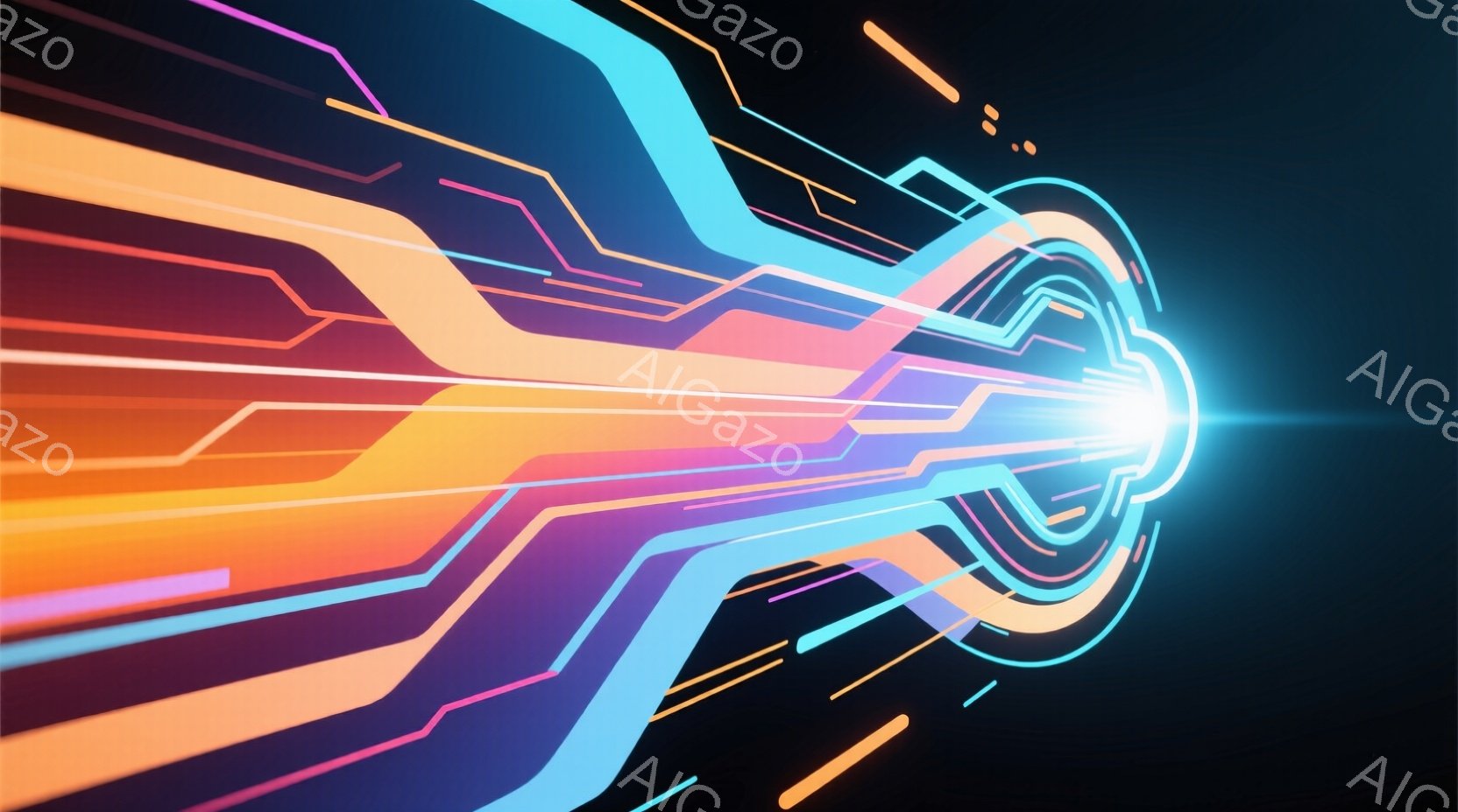 鮮やかな色彩の光の帯が、黒い背景の中を螺旋状に広がっている様子が描かれている。光の帯はオレンジ、ピンク、青、白といった色が混ざり合い、まるでエネルギーの流れや未来的な回路のような印象を与える。全体とし - AI生成フリー素材