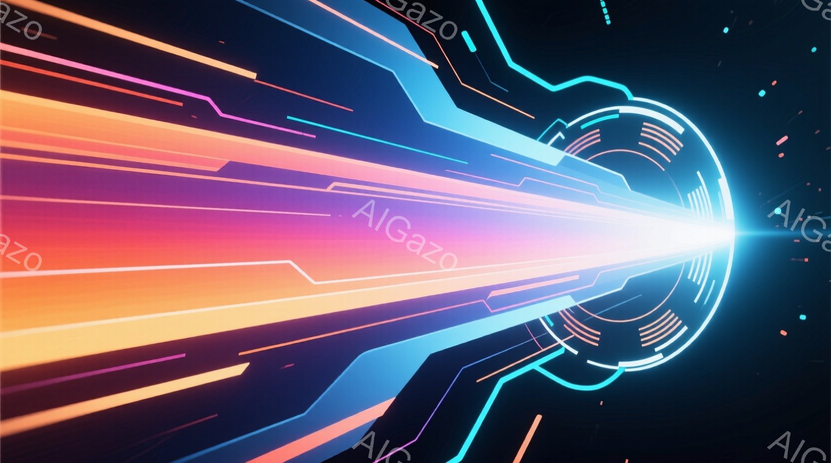 鮮やかな光のトンネルが、暗い宇宙空間を突き抜けて広がっています。青、オレンジ、ピンク色の光線が幾重にも重なり、未来的な回路のような模様を描き出しています。遠方には微かな星の光が見え、全体としてスピード感と神秘的な雰囲気を醸し出しています。