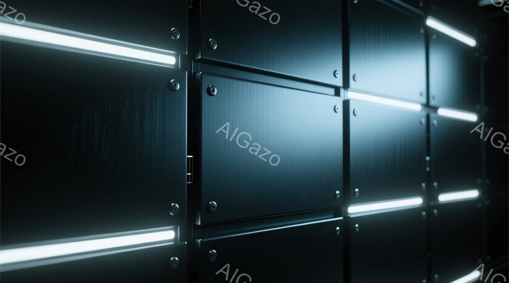 暗い背景に、金属製のパネルが規則的に並んでいます。各パネルは黒色で、表面にわずかなテクスチャがあり、白い蛍光灯のような光が水平方向に並んで照らしています。全体的に、未来的で無機質な、やや冷たい雰囲気を感じさせます。