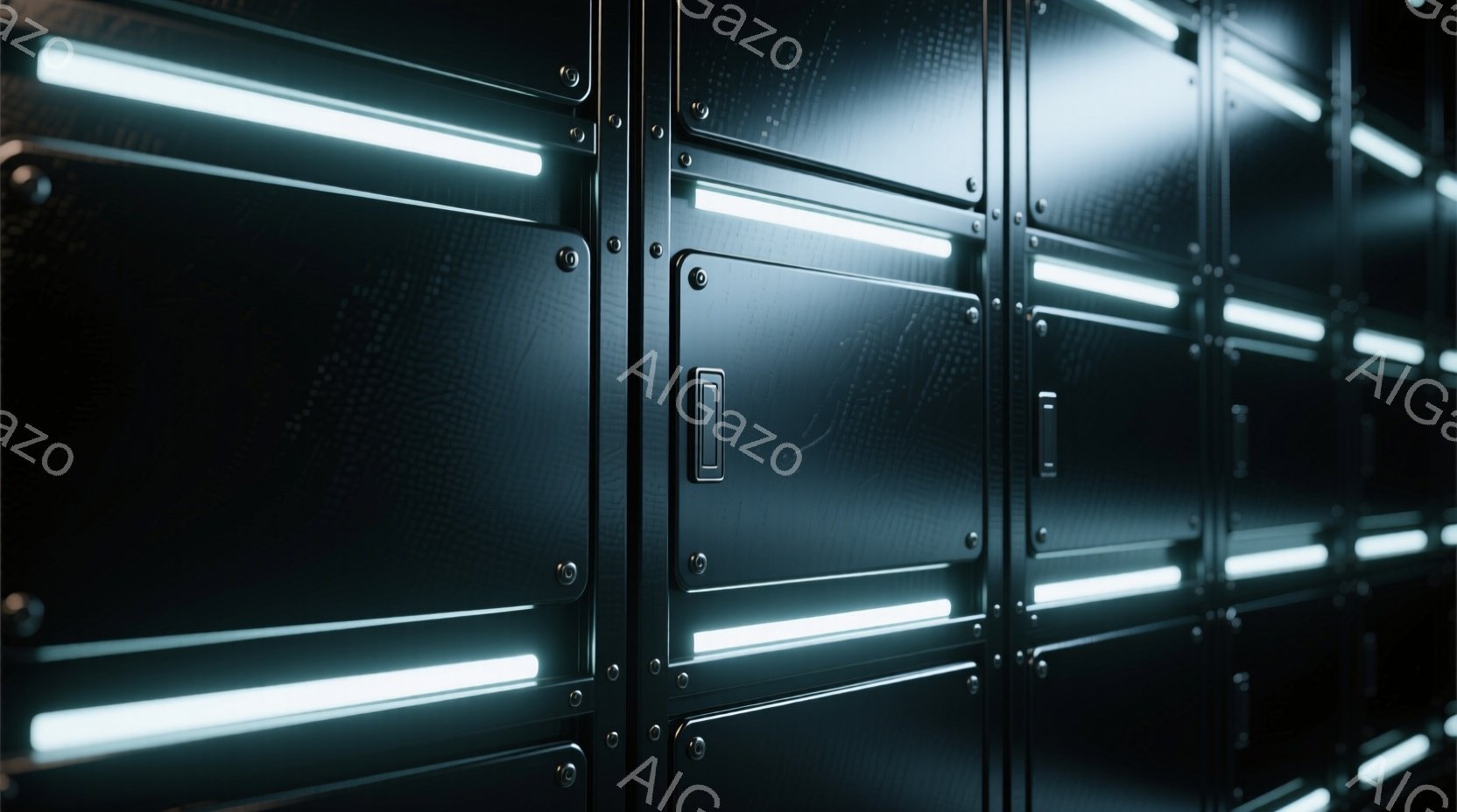 この画像は、暗い背景に黒い金属パネルが繰り返し並んだ近未来的な構造物を捉えています。各パネルには明るい白い光が走る溝があり、サイバーパンクまたはSF映画のセットのような印象を与えます。全体的に、冷たく - AI生成フリー素材