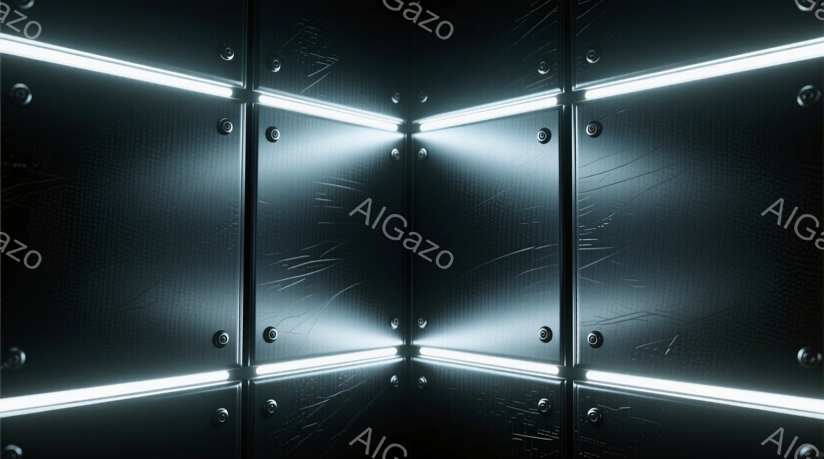 この画像は、金属製のパネルで構成された立方体の部屋を描写しており、各パネルには明るい白色の蛍光灯が取り付けられています。パネルはボルトで固定されており、使用感のある傷や凹みが見られます。全体的に冷たく、産業的な雰囲気で、SF映画のセットのような印象を与えます。